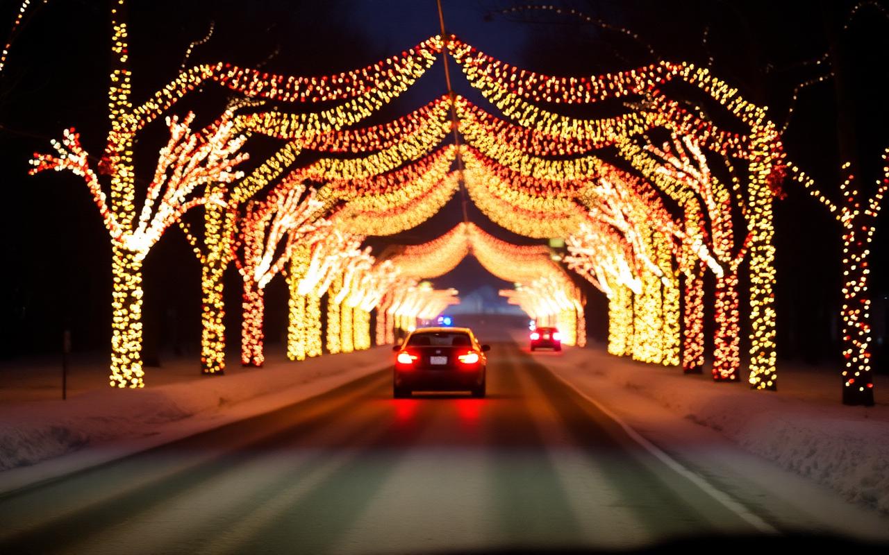 Drive-through holiday light display glowing at night