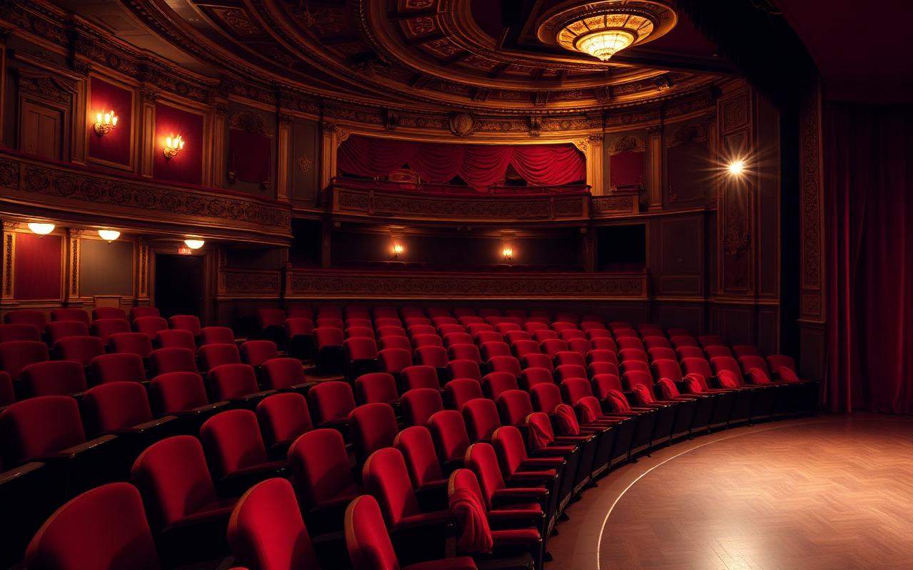 Theater auditorium with red velvet seats facing a lit stage